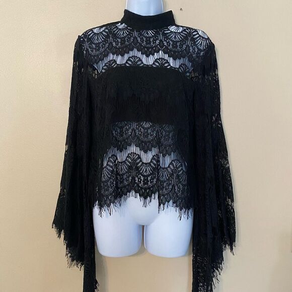 Mink Pink Black Lace Flutter Sleeve Top - Picture 1 of 6